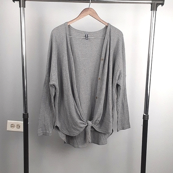 Amazon Waffle Thermal Knit Front Knot Sweater Button Down Top - Picture 2 of 8